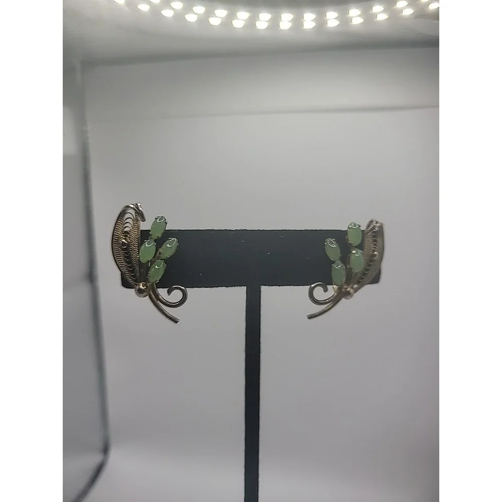 Vintage Sorrento Sterling Silver .925 Jade Earrings Clip On Screw Back Jewelry